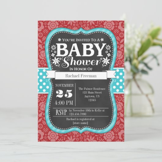 Uitnodiging voor babyborrel met rode teal schoolbo (Staand voorkant)