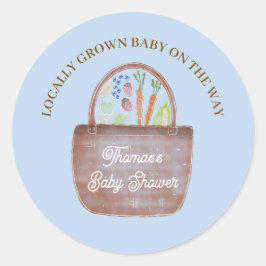 Uitnodiging voor babyborrel voor babyjongen op boe ronde sticker