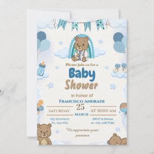 Uitnodiging voor babyborrel voor jongen met beer (