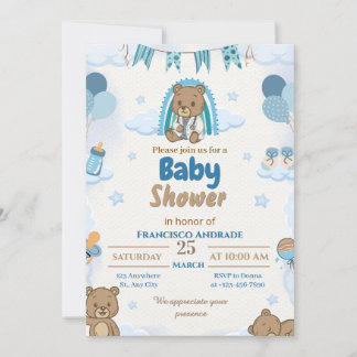 Uitnodiging voor babyborrel voor jongen met beer (