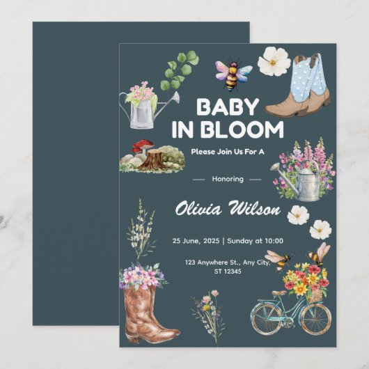 Uitnodiging voor babyfeest in bloementuin (Voorkant / Achterkant)