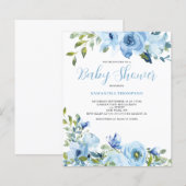 Uitnodiging voor babyfeest met bloemen in blauw bi (Voorkant / Achterkant)