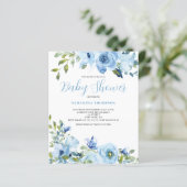 Uitnodiging voor babyfeest met bloemen in blauw bi (Staand voorkant)