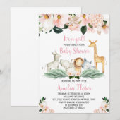 Uitnodiging voor babyfeest met Girl Safari Animals (Voorkant / Achterkant)