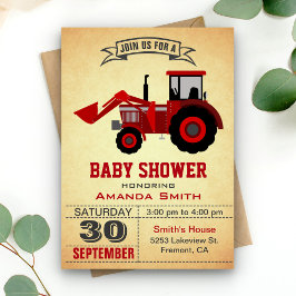 Uitnodiging voor babyfeest met rode boerentractor