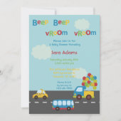 Uitnodiging voor babyfeest met thema vervoer auto (Voorkant)