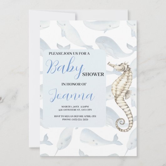 uitnodiging voor babyfeest met waterverf oceaan th (Voorkant)