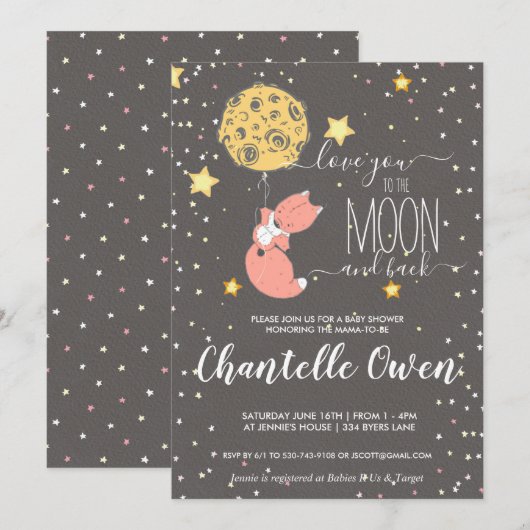 Uitnodiging voor babyfeest 'Naar de Maan' (Voorkant / Achterkant)