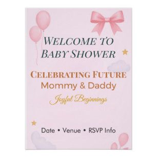 Uitnodiging voor babyfeest Roze strik Vrolijke Sta Perfect Poster
