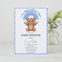 Uitnodiging voor babyfeest Teddybeer Regenboog Cut
