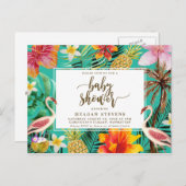 Uitnodiging voor babyfeest tropische flamingo (Voorkant / Achterkant)