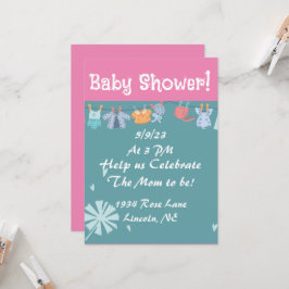 Uitnodiging voor babyfeestje blauw en roze