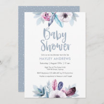 Uitnodiging voor babyfeestje blauwe paarse bloemen