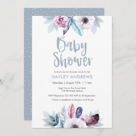 Uitnodiging voor babyfeestje blauwe paarse bloemen