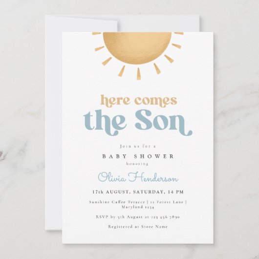 Uitnodiging voor babyfeestje 'Hier komt de zoon' (Voorkant)