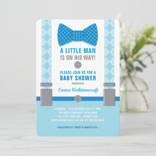 Uitnodiging voor babyfeestje kleine man met blauwe (Staand voorkant)