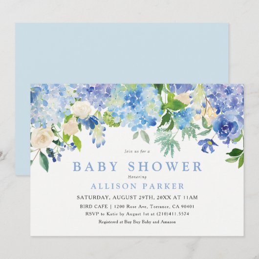 Uitnodiging voor babyfeestje met blauwe aquarel bl (Voorkant / Achterkant)