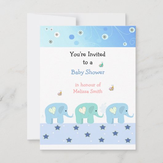 Uitnodiging voor babyfeestje met blauwe olifanten (Voorkant)