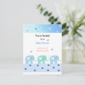 Uitnodiging voor babyfeestje met blauwe olifanten (Staand voorkant)