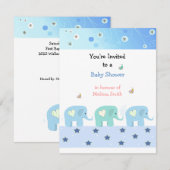 Uitnodiging voor babyfeestje met blauwe olifanten (Voorkant / Achterkant)