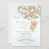 Uitnodiging voor babyfeestje met blauwe teddybeer (Voorkant)