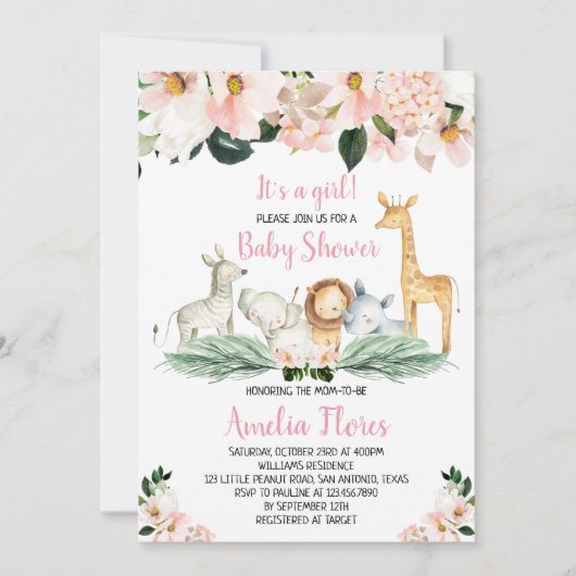 Uitnodiging voor babyfeestje met Girl Safari Anima (Voorkant)