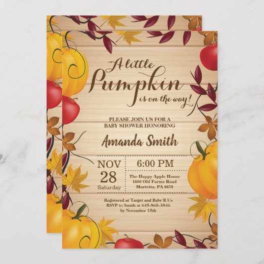 Uitnodiging voor babyfeestje met herfstthema en po (Voorkant / Achterkant)