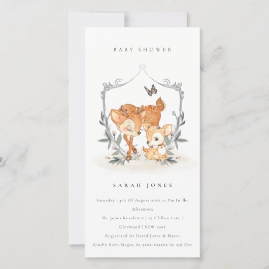 Uitnodiging voor babyfeestje met hertenkalf en blo (Voorkant)