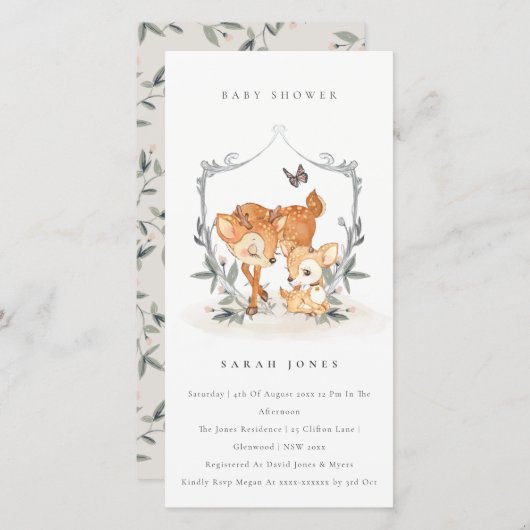 Uitnodiging voor babyfeestje met hertenkalf en blo (Voorkant / Achterkant)