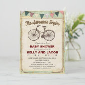 Uitnodiging voor babyfeestje met vintage fiets rei (Staand voorkant)