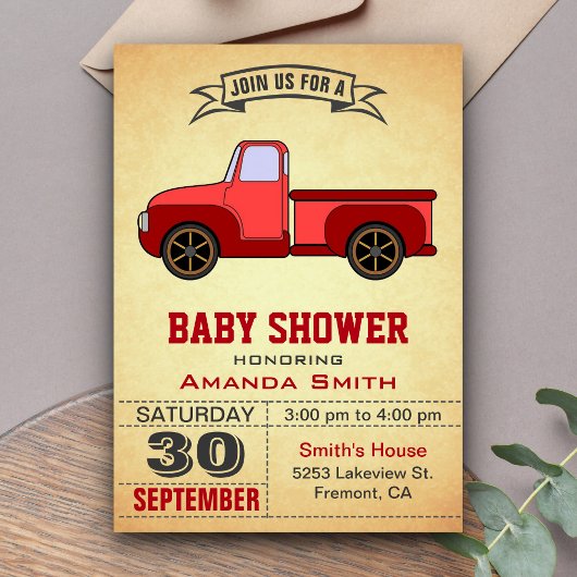 Uitnodiging voor babyfeestje met vintage rode vrac