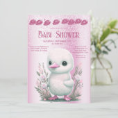 Uitnodiging voor babyfeestje met witte eend roze b (Staand voorkant)