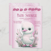 Uitnodiging voor babyfeestje met witte eend roze b (Voorkant / Achterkant)