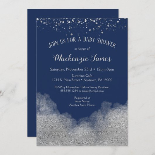 Uitnodiging voor babyfeestje Navy Blue Silver Conf (Voorkant / Achterkant)