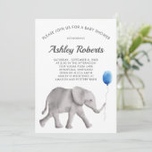Uitnodiging voor babyfeestje olifant, Blauw & Grij (Staand voorkant)