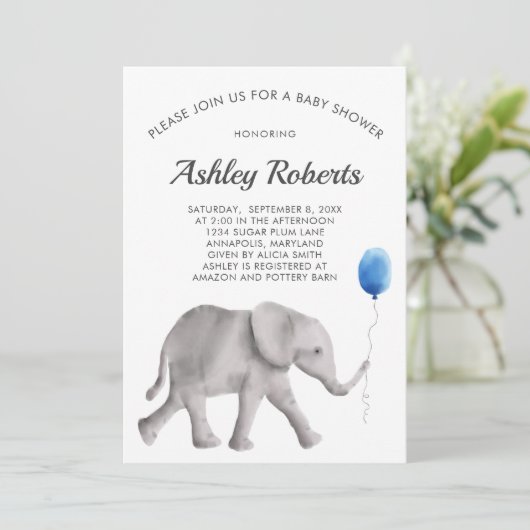 Uitnodiging voor babyfeestje olifant, Blauw & Grij (Staand voorkant)