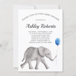 Uitnodiging voor babyfeestje olifant, Blauw & Grij