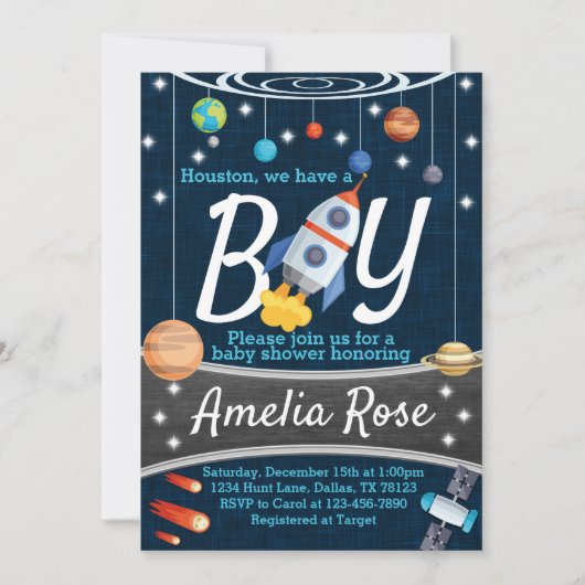 Uitnodiging voor babyfeestje 'Planeet Buitenruimte (Voorkant)