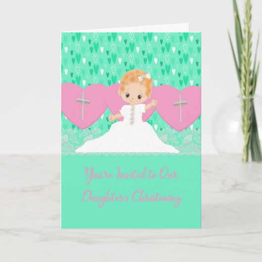 Uitnodiging voor baby's Christening Pink & Green (Voorkant)