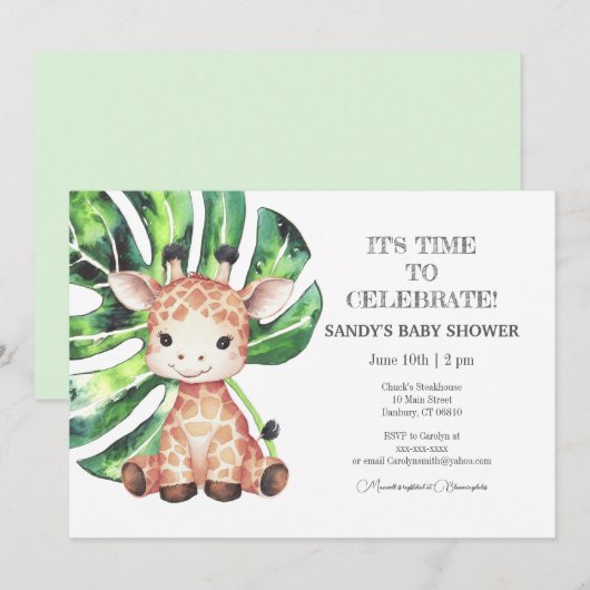 Uitnodiging voor babyshower Giraffe safari (Voorkant / Achterkant)