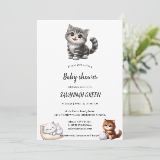 Uitnodiging voor babyshower kat (Staand voorkant)