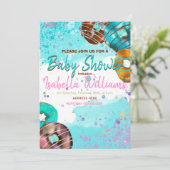 Uitnodiging voor babyshower kleurrijke donuts (Staand voorkant)