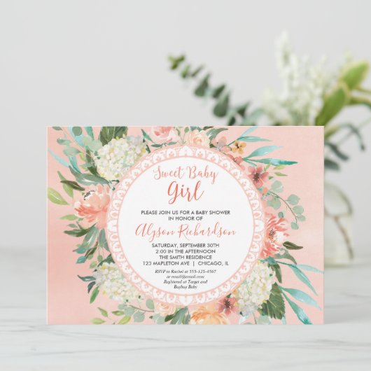 Uitnodiging voor babyshower meisje perziken room g (Staand voorkant)