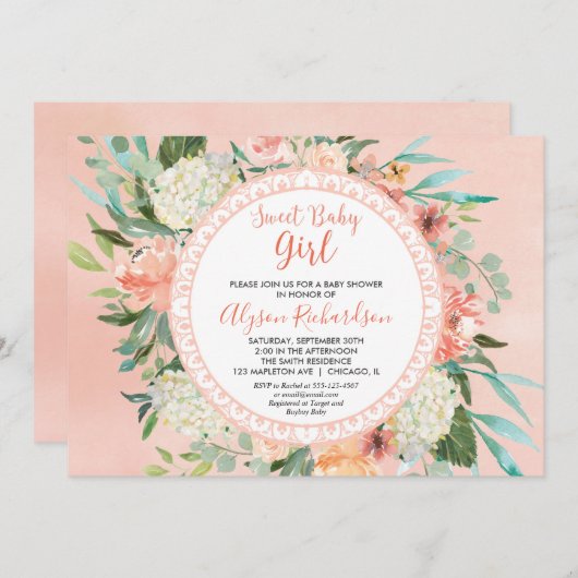 Uitnodiging voor babyshower meisje perziken room g (Voorkant / Achterkant)