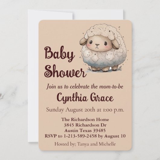 Uitnodiging voor babyshower met babyschaap (Voorkant)