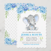 Uitnodiging voor babyshower met blauwe olifant voo (Voorkant / Achterkant)