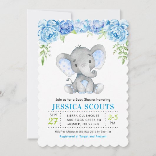 Uitnodiging voor babyshower met blauwe olifant voo (Voorkant)
