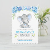 Uitnodiging voor babyshower met blauwe olifant voo (Staand voorkant)