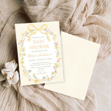 Uitnodiging voor babyshower met gele strik en bloe