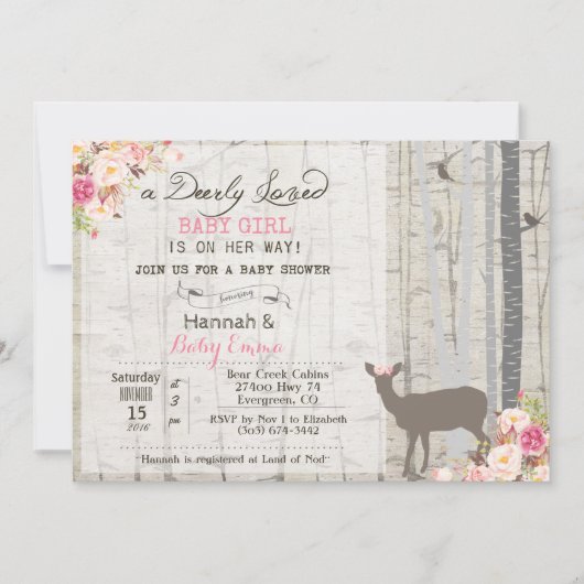 Uitnodiging voor babyshower met hert meisje (Voorkant)